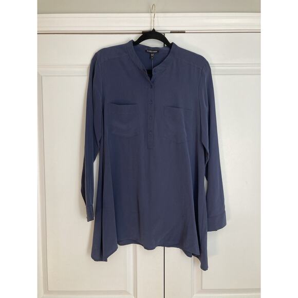 Eileen Fisher Mandarin Collar Boxy Silk Crepe de Chine Tunic Top Small Blue - Picture 1 of 9
